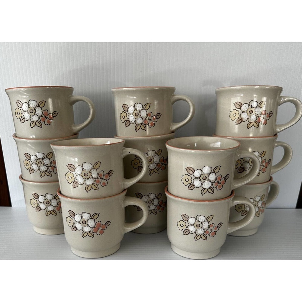 Set of 13 Chantilly Fleur de Bois Stoneware Cups Mugs, Japan, Vintage 8oz.